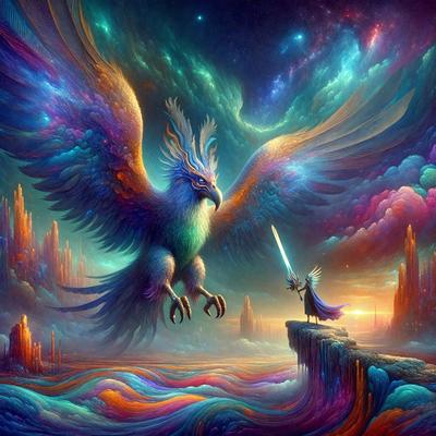 The primary subject of the image is a large, colorful bird with a sword in its claws. The bird is standing on a cliff, with a person nearby, possibly a warrior or a character from a story. The setting is a vibrant, fantasy-like environment, with a mix of colors and a sense of adventure. The visual style is a digital art or illustration, creating a dynamic and engaging scene.